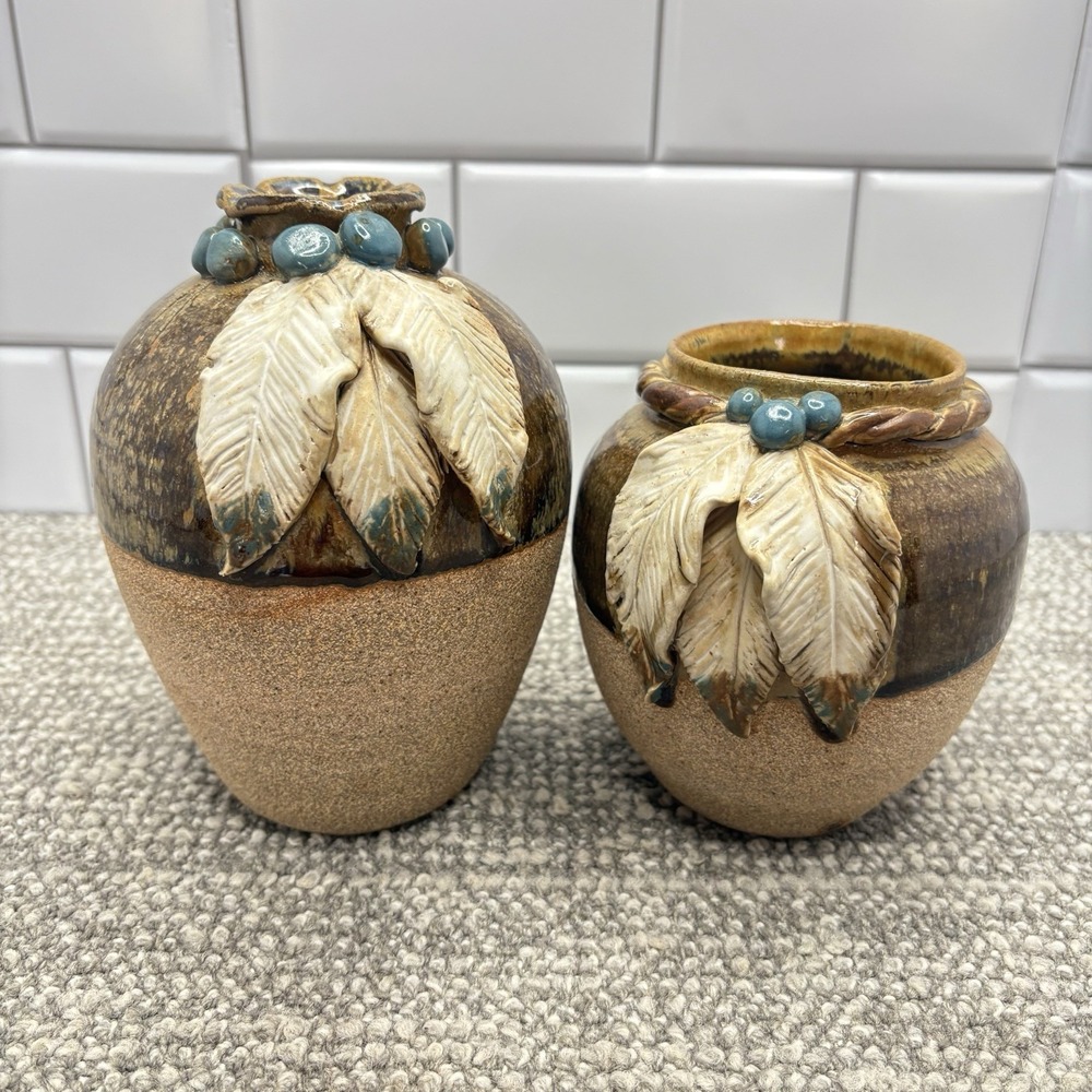 Sanford Pottery Native American Theme Feathers Bead Work Set Of 2 VTG Blue Brown